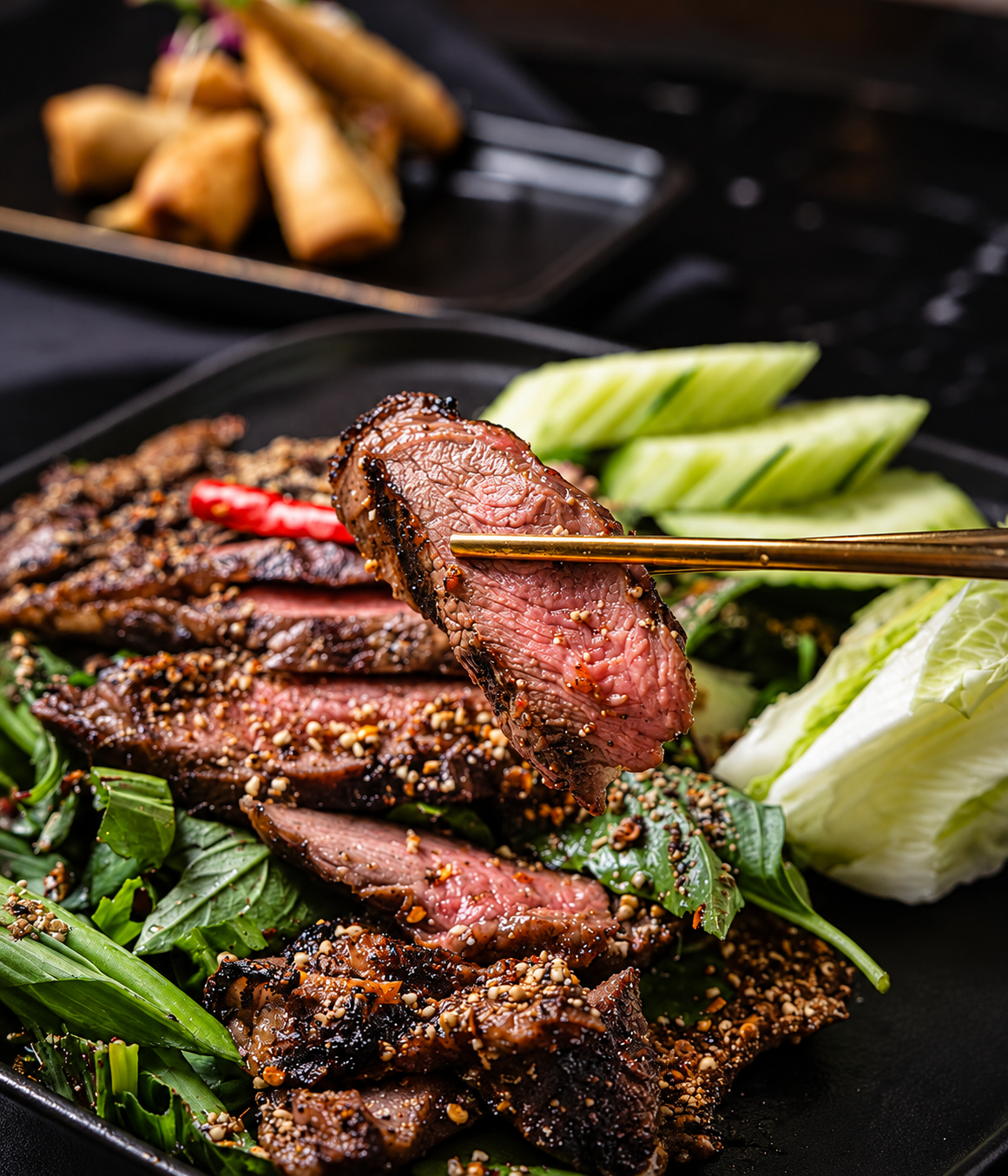 Spiced sliced beef lifted with chopsticks