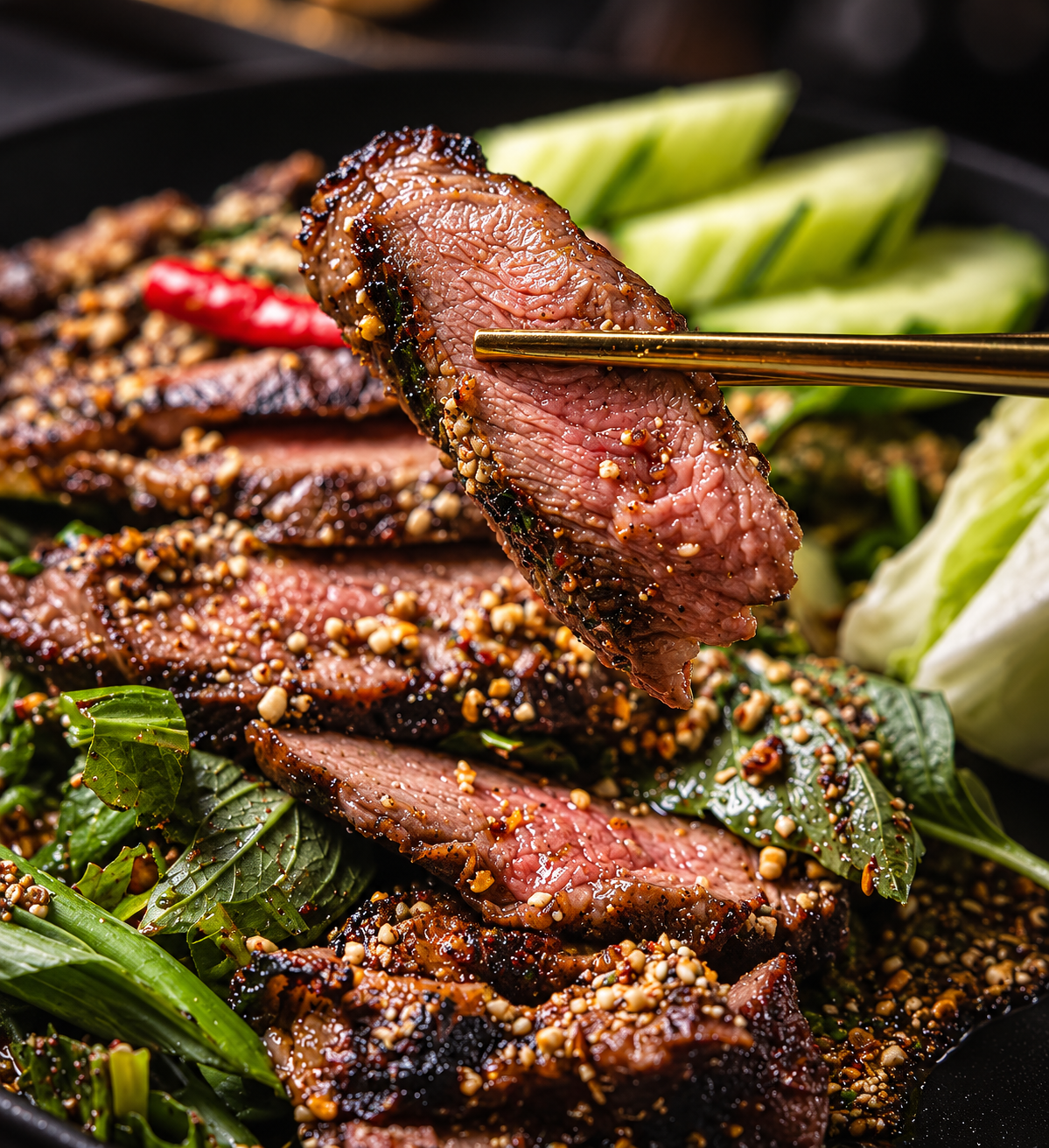 Thai grilled beef salad with fresh herbs and spicy dressing