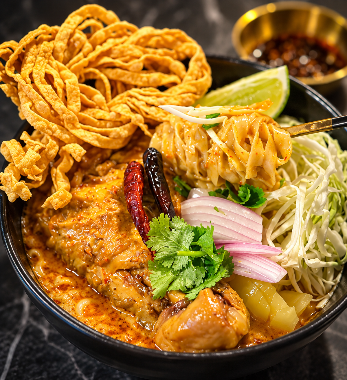 Northern Thai Khao Soi curry noodles topped with crispy noodles