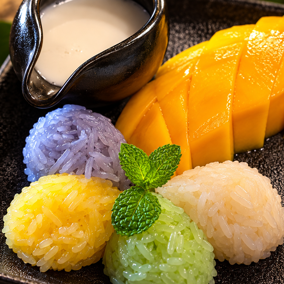 Thai mango sticky rice dessert with coconut sauce