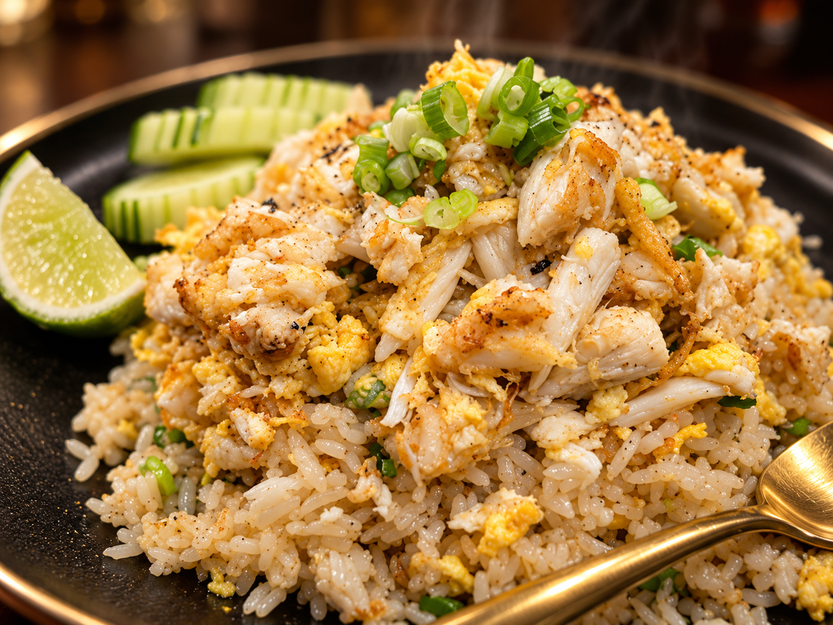 Thai crab fried rice served with fresh lime