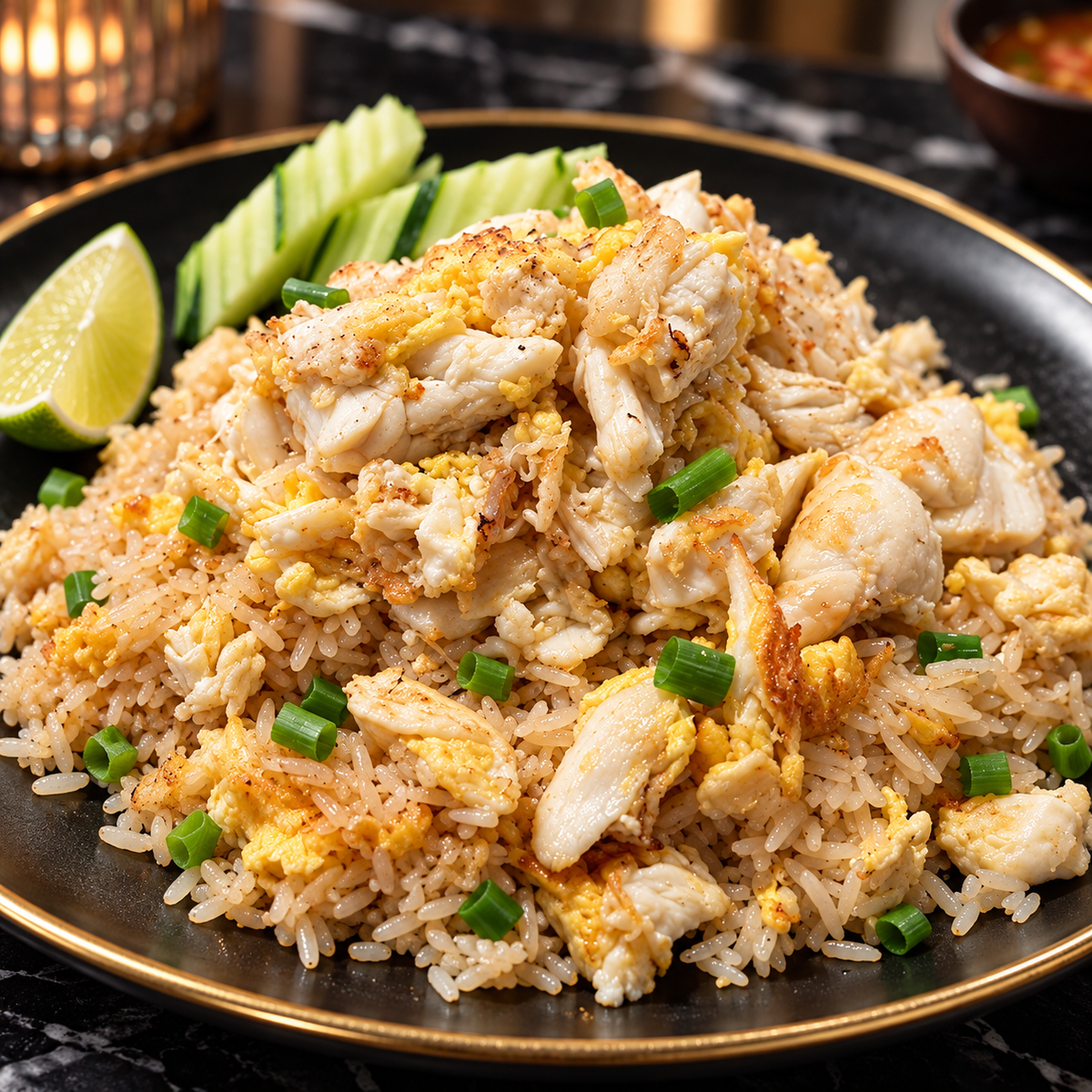 Thai crab fried rice served with fresh lime