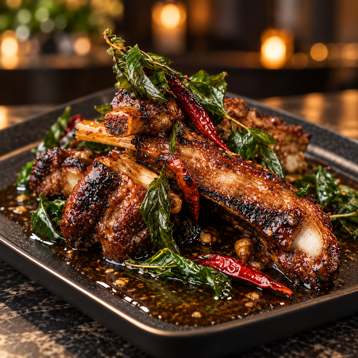 Thai tamarind-glazed pork ribs garnished with fresh basil