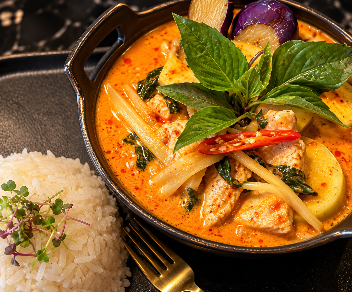 Thai red curry with basil and jasmine rice