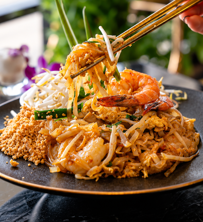 Shrimp Pad Thai with lifted rice noodles