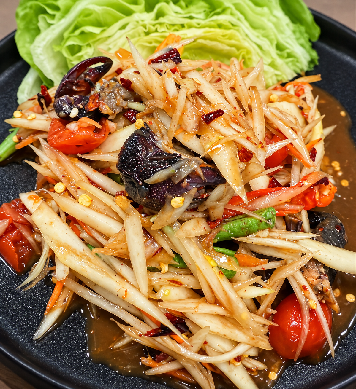 Thai green papaya salad with fresh vegetables on a black plate